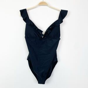 J. Crew‎ Factory Ruffle Shoulder V-Neck One Piece Swimsuit Black Medium BG217